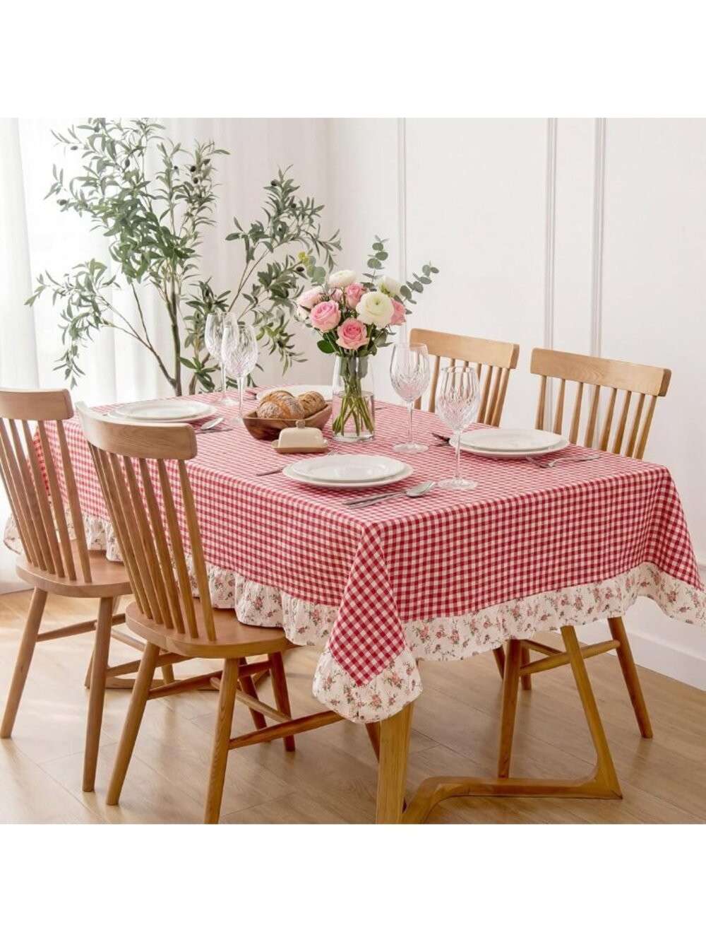 Vintage Red White Plaid Ruffled Tablecloth - 52x70 Inch Cotton Gingham Decor
